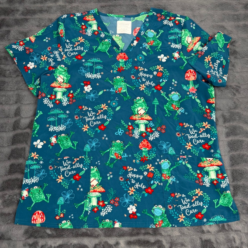 Cherokee Medical Uniforms Frog Print Scrub Top XL Teal We Toad-ally Care CK671